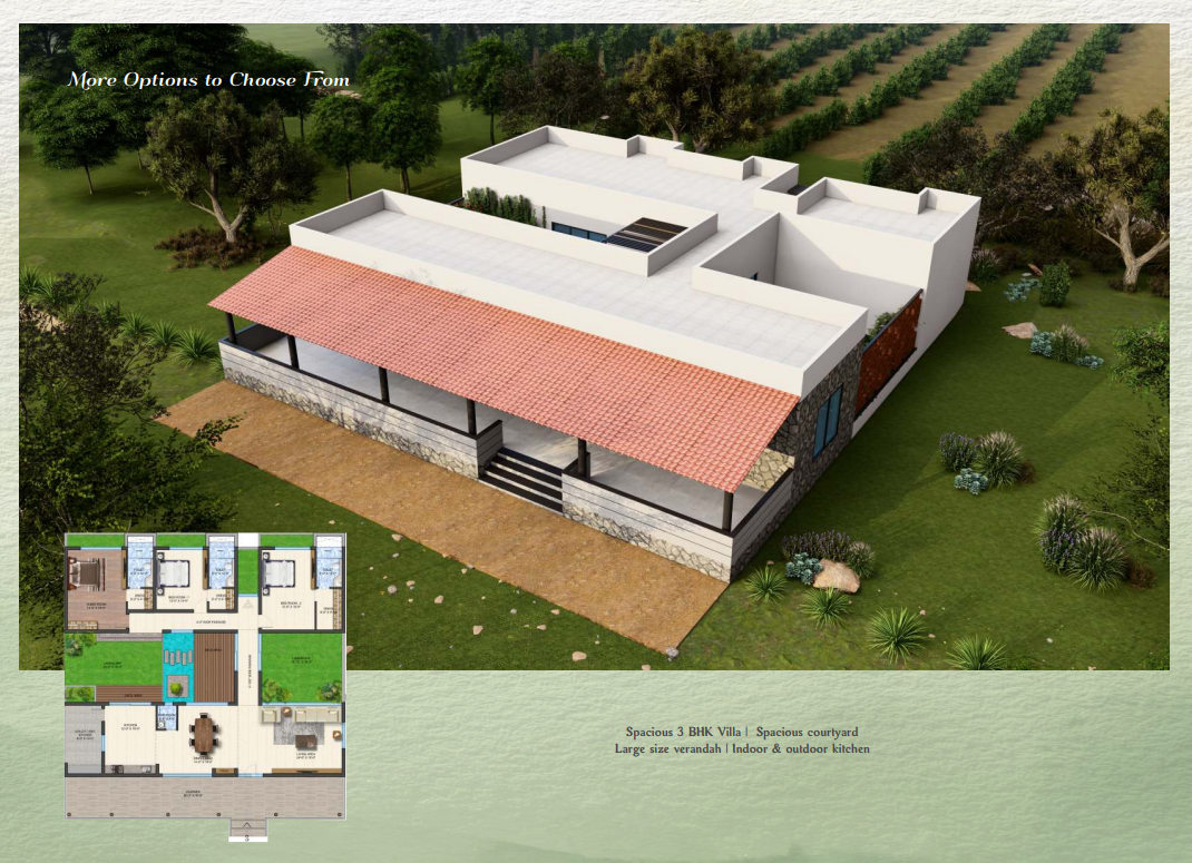 3 BHK spacious villa typology with courtyard and floor plan